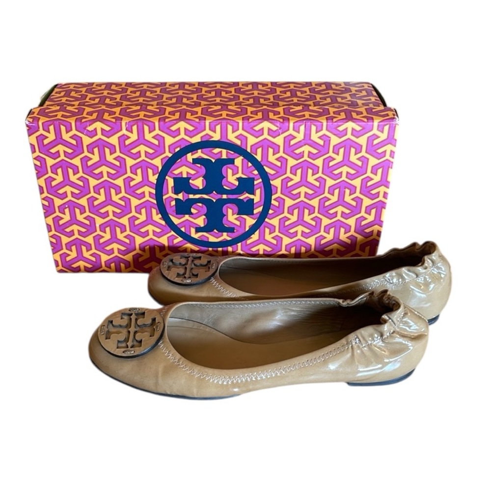 Tory Burch Tan Leather Flats with Medallion Detail
